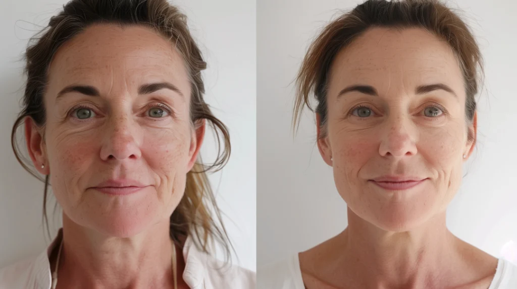 Close-up of a woman showcasing before and after results of microneedling, with visible skin improvements.