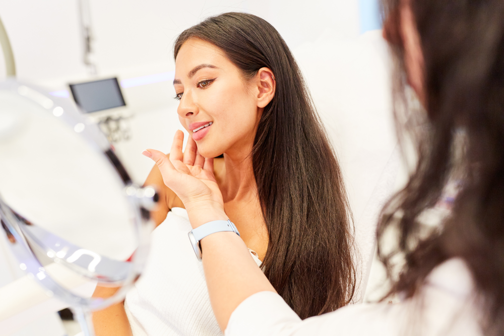 Woman consulting with a specialist before a HIFU facial treatment.