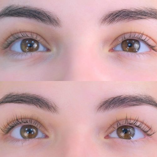 Woman's lashes after and before beauty procedure of eyelash lifting and laminating in beauty clinic, eyes closeup. Young woman in cosmetology clinic with open eyes. Lift of lash and eyelash.